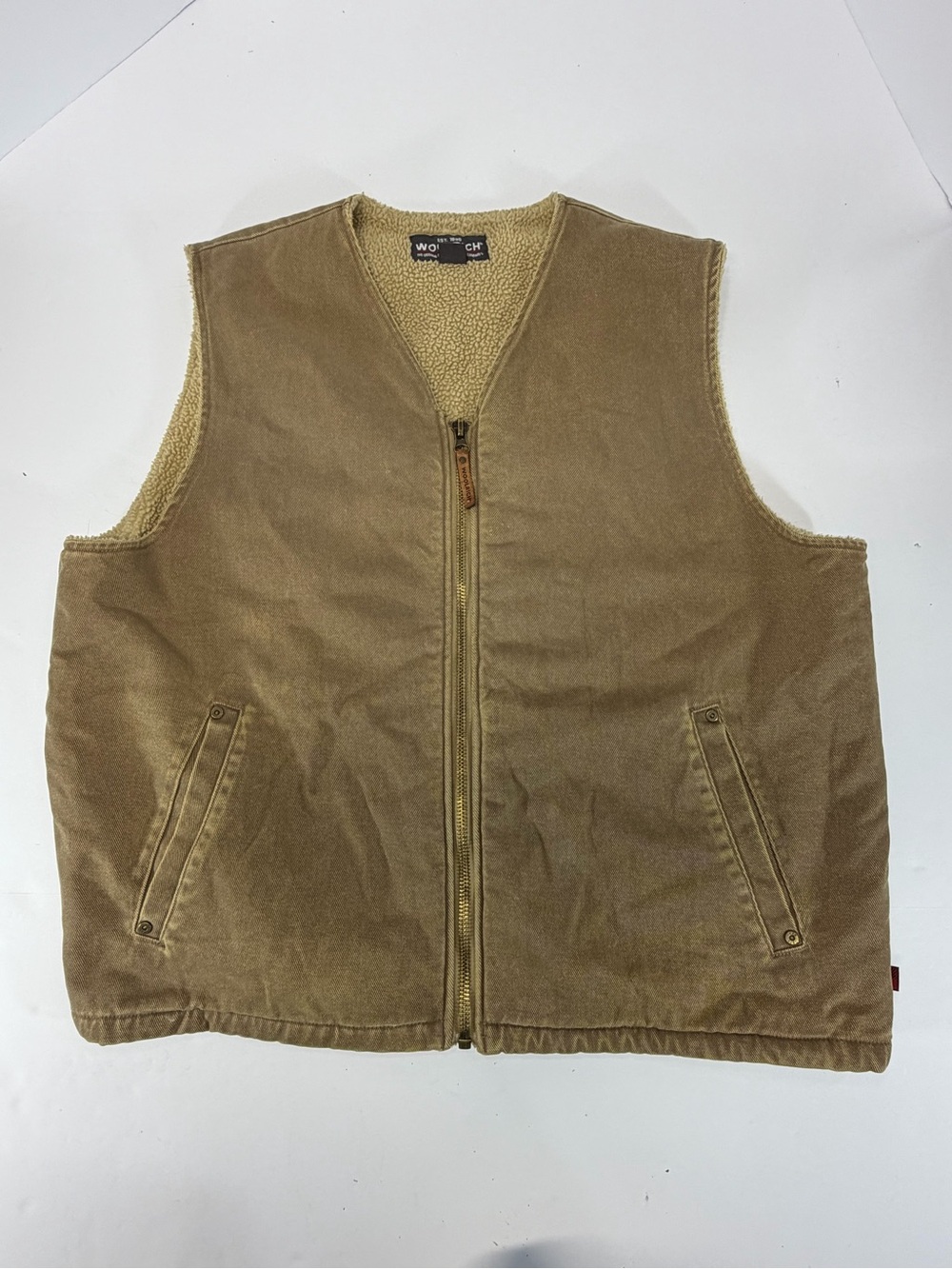 Vintage Woolrich Sherpa Lined Canvas Biker Workwear Vest Brown Mens XL